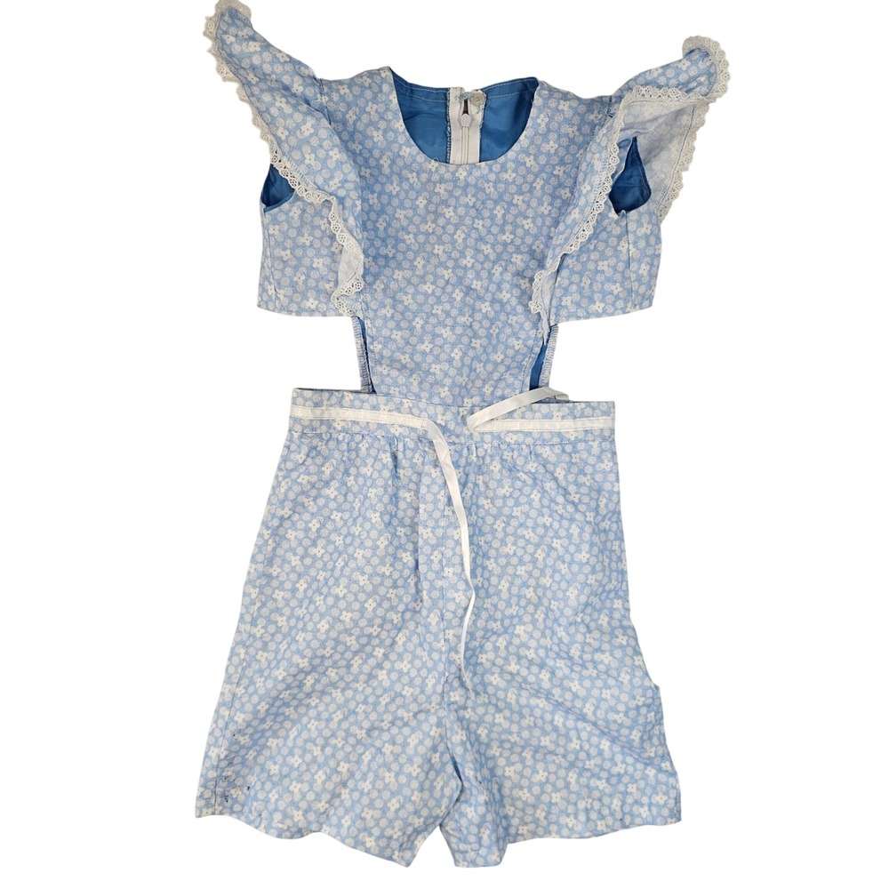 Vintage Handmade Girls Blue Floral‎ Ruffle Lace Cutout Romper Sunsuit Size 6-7